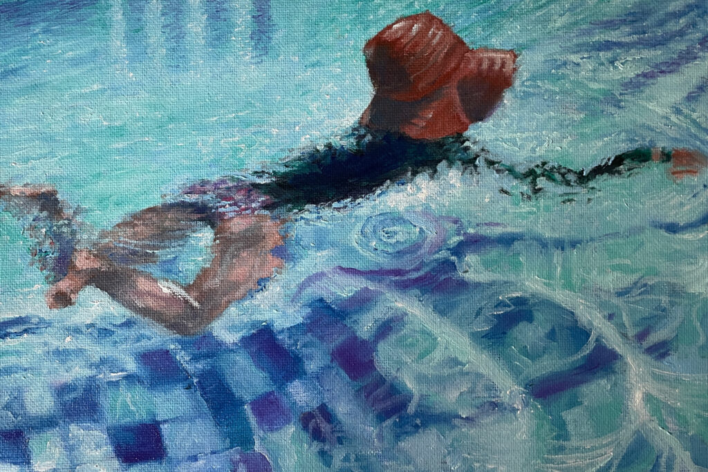 Figurative painting in oil of woman swimming.