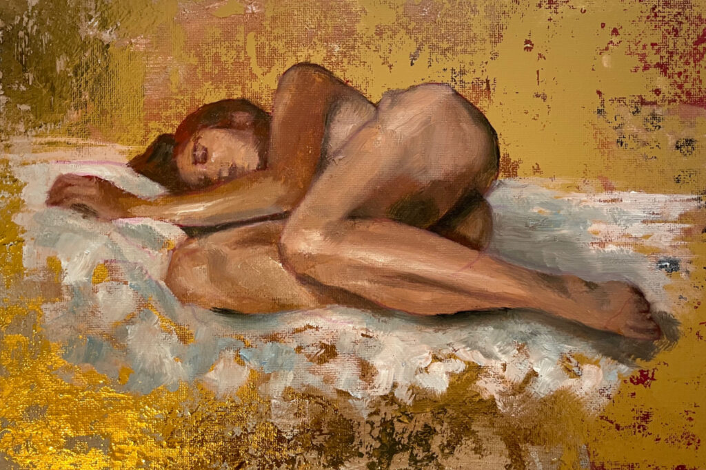 Figurative oil painting with gold leaf of nude.