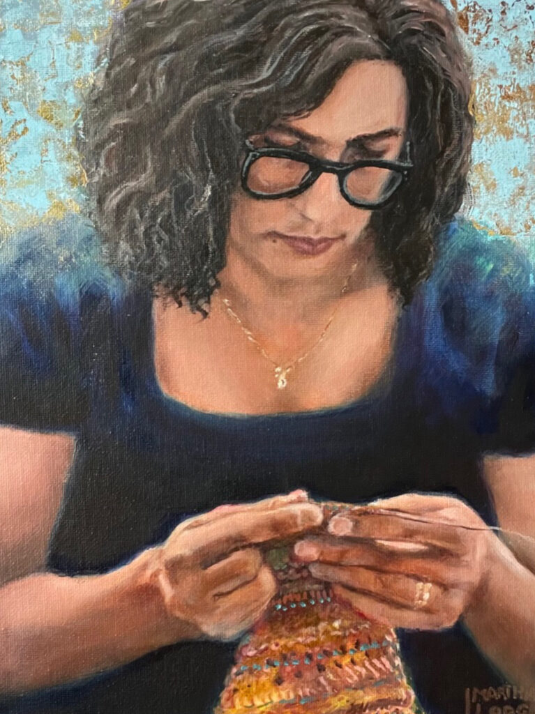 Portrait in oil of Alisa knitting.